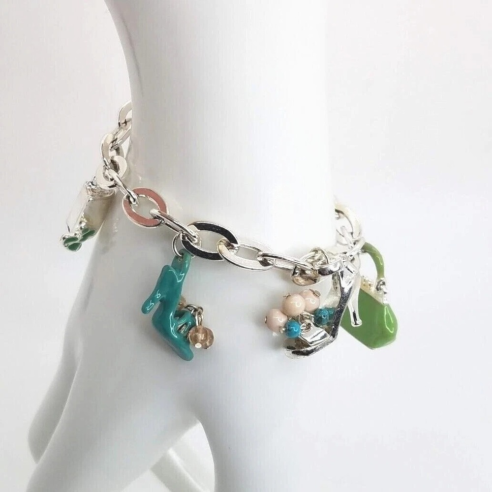 Fashion Charm Bracelet Silver Tone Green Purse Teal Shoe Beaded‎ Toggle Clasp